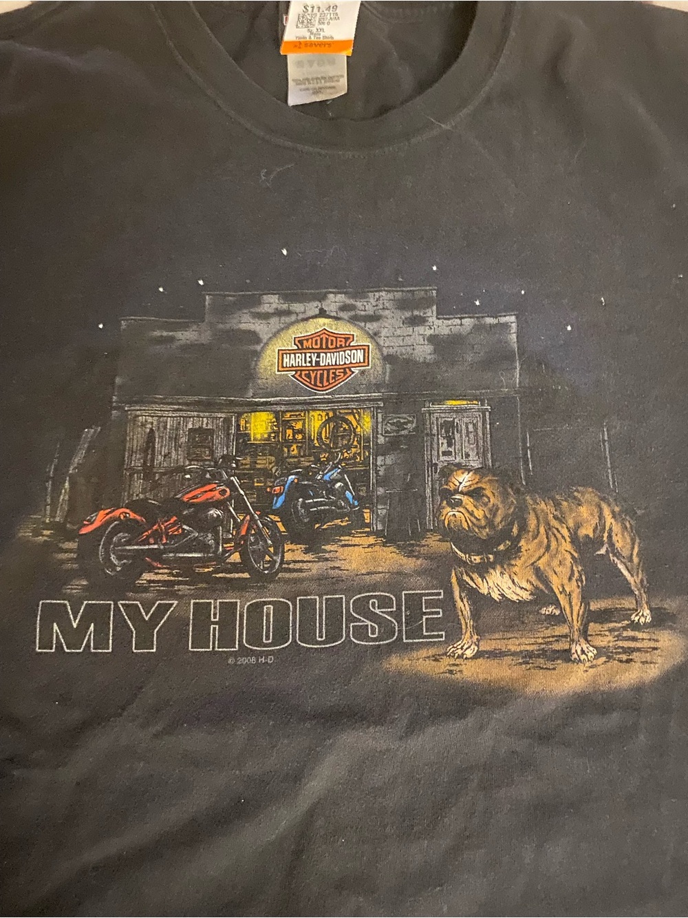 Harley-Davidson Black T-Shirt with Motorcycle, Bulldog & Garage Graphic